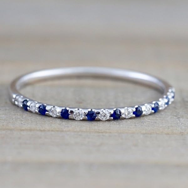 1mm Wedding Band Cubic Zirconia Half Eternity Stackable Engagement Ring Thin Simple Dainty Sapphire 925 Sterling Silver Plated CZ Simulated Diamond Midi Rings for Women Comfort Fit Size 8