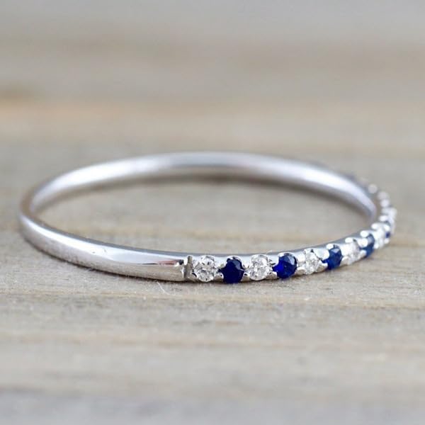 1mm Wedding Band Cubic Zirconia Half Eternity Stackable Engagement Ring Thin Simple Dainty Sapphire 925 Sterling Silver Plated CZ Simulated Diamond Midi Rings for Women Comfort Fit Size 8
