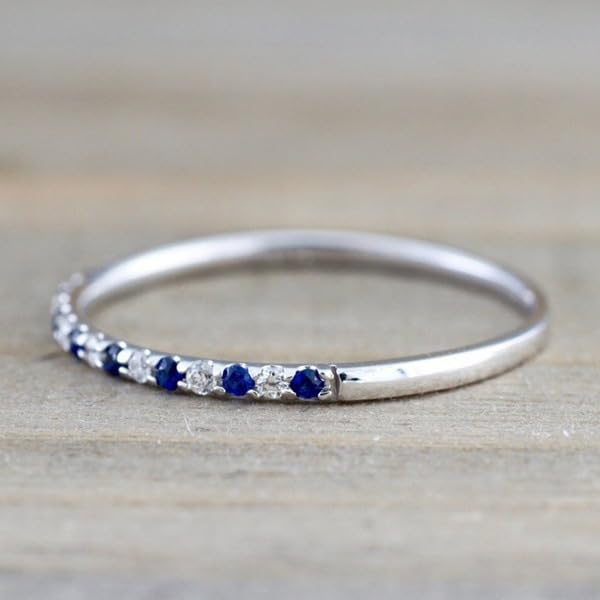 1mm Wedding Band Cubic Zirconia Half Eternity Stackable Engagement Ring Thin Simple Dainty Sapphire 925 Sterling Silver Plated CZ Simulated Diamond Midi Rings for Women Comfort Fit Size 8