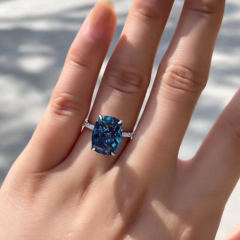 Square-Cut Blue Topaz Halo Cubic Zirconia CZ Engagement Rings Wedding Party Statement Cocktails Classic Sapphire 925 Sterling Silver Solitaire Diamond Anniversary Promise Ring for Women Size 6