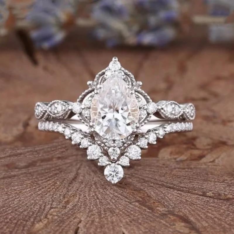 Platinum Plated Teardrop CZ Solitaire Engagement Ring Set Pear-Shaped Bridal Rings Sets for Women Wishbone 'V' Cubic Zirconia Stackable Simulated Diamond Eternity Wedding Promise Band 7#