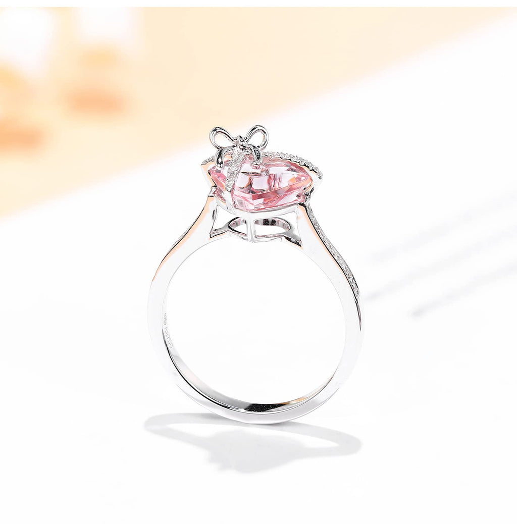 Dainty Cute 925 Silver Pink Heart Shaped Zircon Ring Bow Tie Ring for Women Anniversary Wedding Engagement Promise Rings CZ Diamond Eternity Band Opening Adjustable Ring (Pink)
