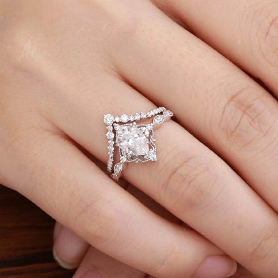 Platinum Plated Teardrop CZ Solitaire Engagement Ring Set Pear-Shaped Bridal Rings Sets for Women Wishbone 'V' Cubic Zirconia Stackable Simulated Diamond Eternity Wedding Promise Band 7#