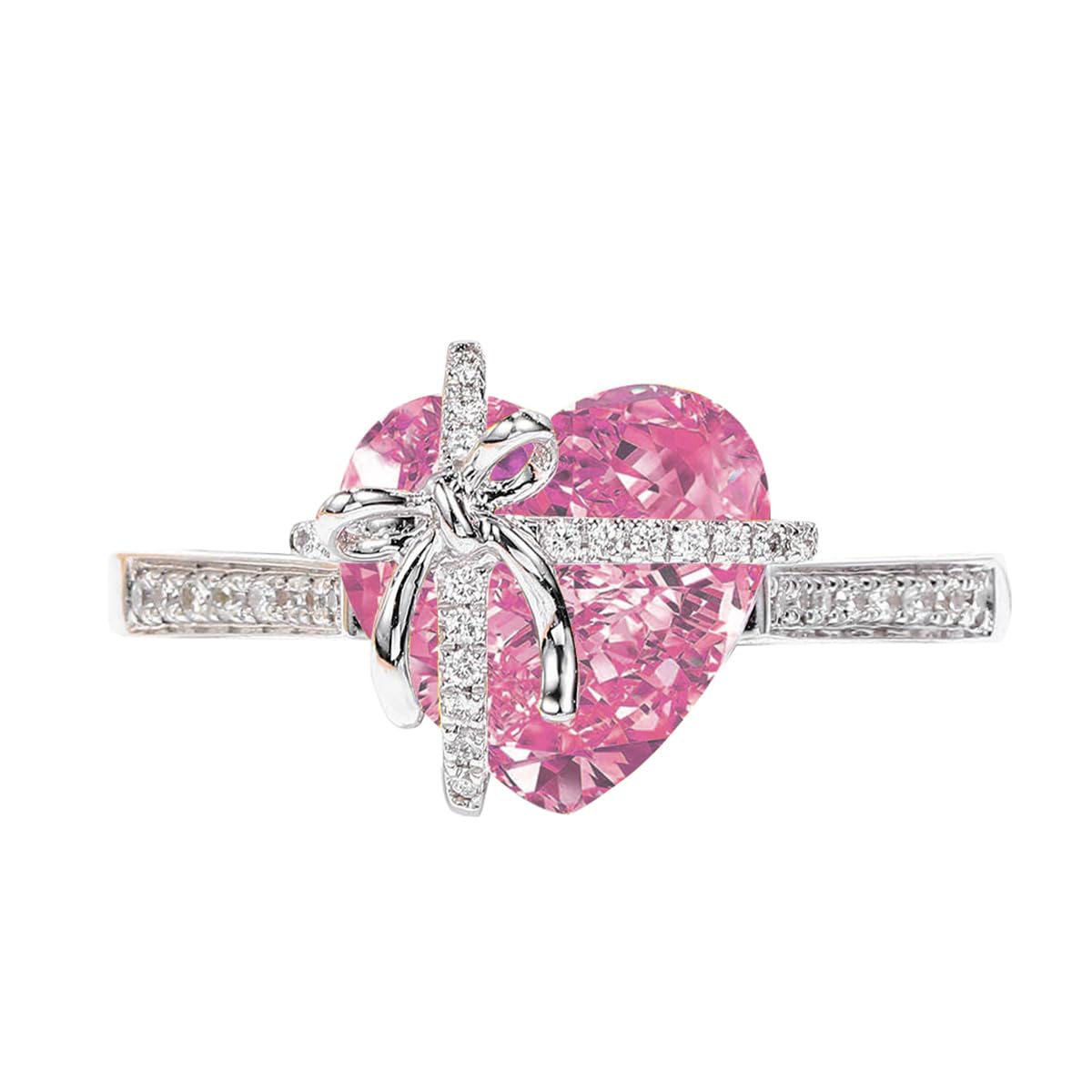 Dainty Cute 925 Silver Pink Heart Shaped Zircon Ring Bow Tie Ring for Women Anniversary Wedding Engagement Promise Rings CZ Diamond Eternity Band Opening Adjustable Ring (Pink)