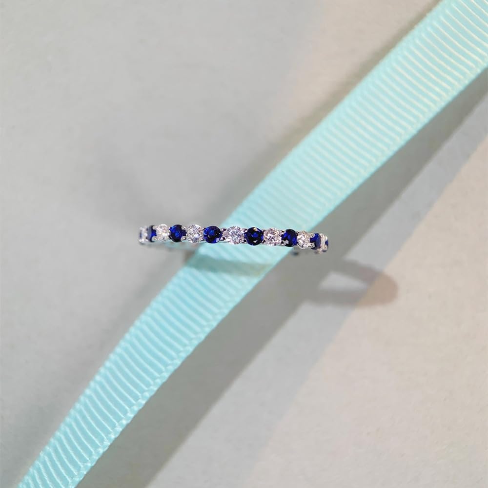 1mm Wedding Band Cubic Zirconia Half Eternity Stackable Engagement Ring Thin Simple Dainty Sapphire 925 Sterling Silver Plated CZ Simulated Diamond Midi Rings for Women Comfort Fit Size 8