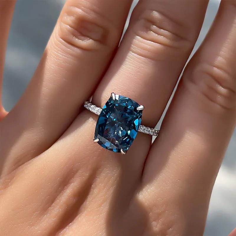 Square-Cut Blue Topaz Halo Cubic Zirconia CZ Engagement Rings Wedding Party Statement Cocktails Classic Sapphire 925 Sterling Silver Solitaire Diamond Anniversary Promise Ring for Women Size 6