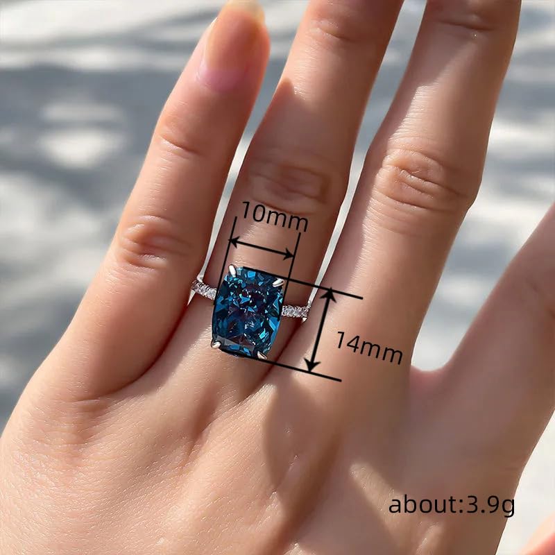 Square-Cut Blue Topaz Halo Cubic Zirconia CZ Engagement Rings Wedding Party Statement Cocktails Classic Sapphire 925 Sterling Silver Solitaire Diamond Anniversary Promise Ring for Women Size 6