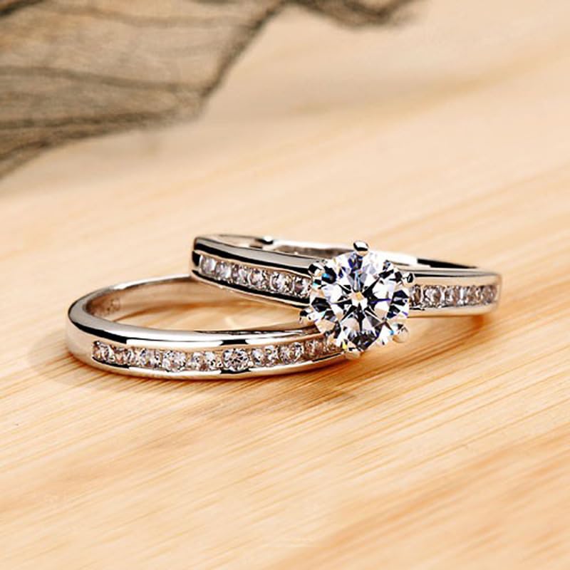 Classic 1.5CT 925 Sterling Silver Engagement Rings for Couples Sets Wedding Eternity Bridal Band Ring Set Simulated Diamond Stackable Halo CZ Cubic Zirconia Anniversary Princess for Women Size 6