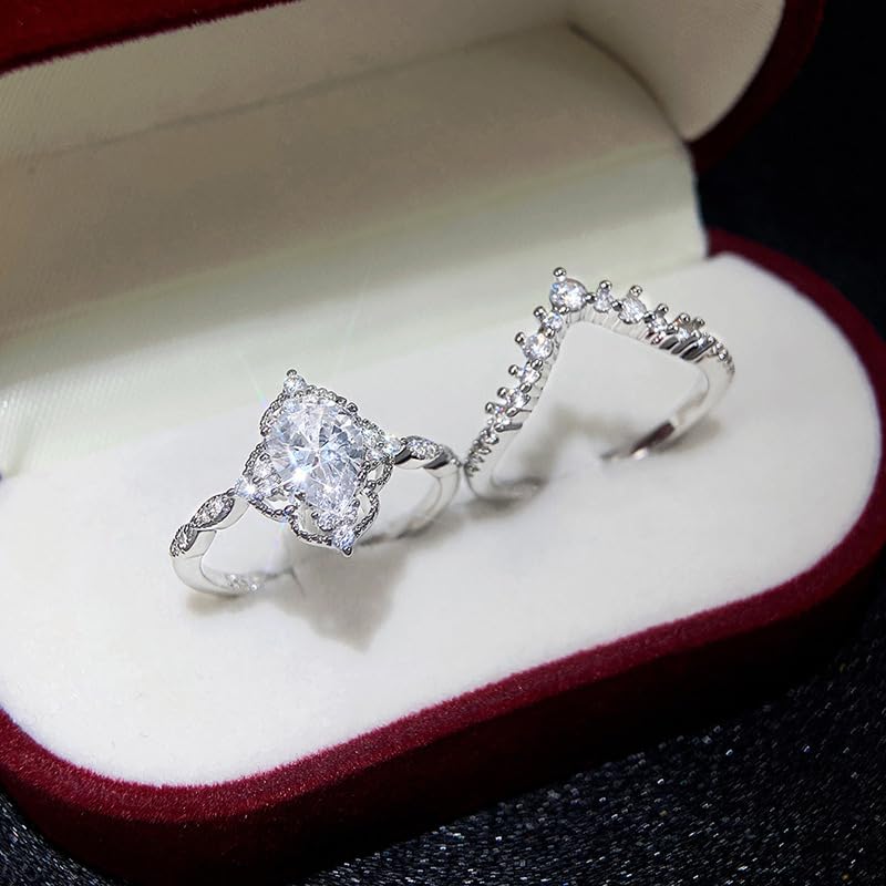 Platinum Plated Teardrop CZ Solitaire Engagement Ring Set Pear-Shaped Bridal Rings Sets for Women Wishbone 'V' Cubic Zirconia Stackable Simulated Diamond Eternity Wedding Promise Band 7#