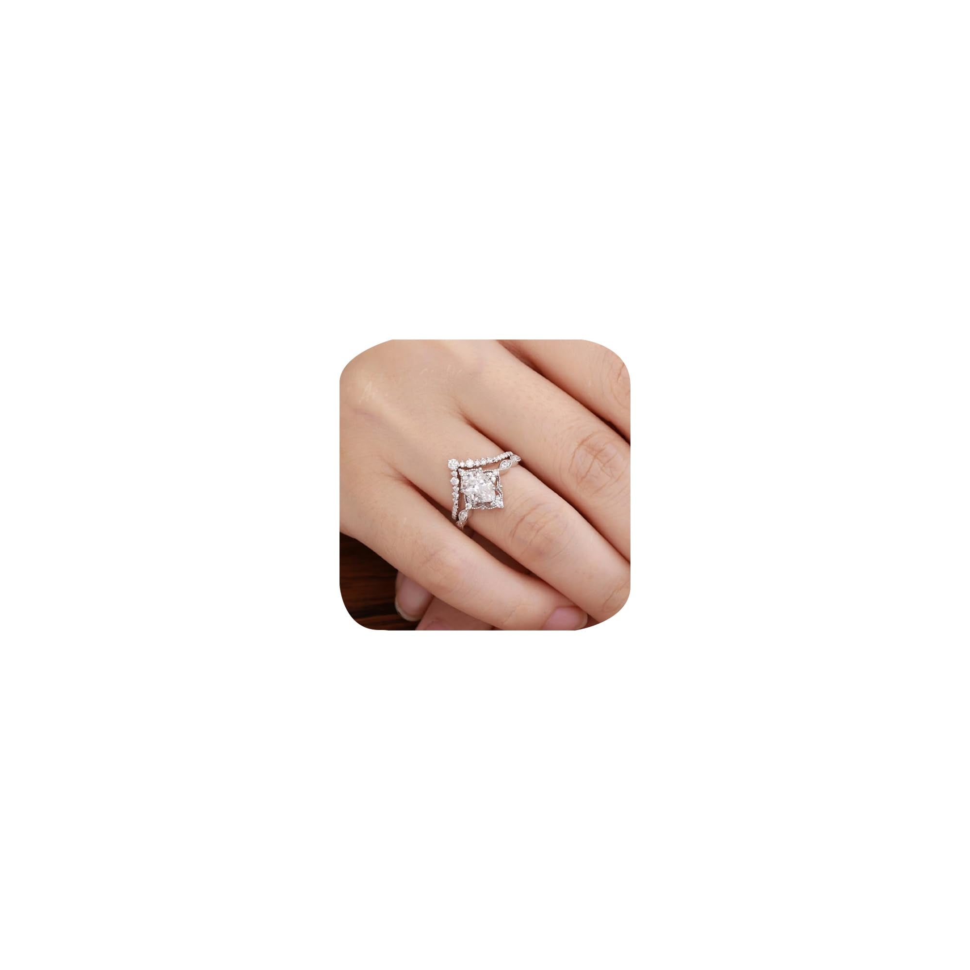 Platinum Plated Teardrop CZ Solitaire Engagement Ring Set Pear-Shaped Bridal Rings Sets for Women Wishbone 'V' Cubic Zirconia Stackable Simulated Diamond Eternity Wedding Promise Band 7#
