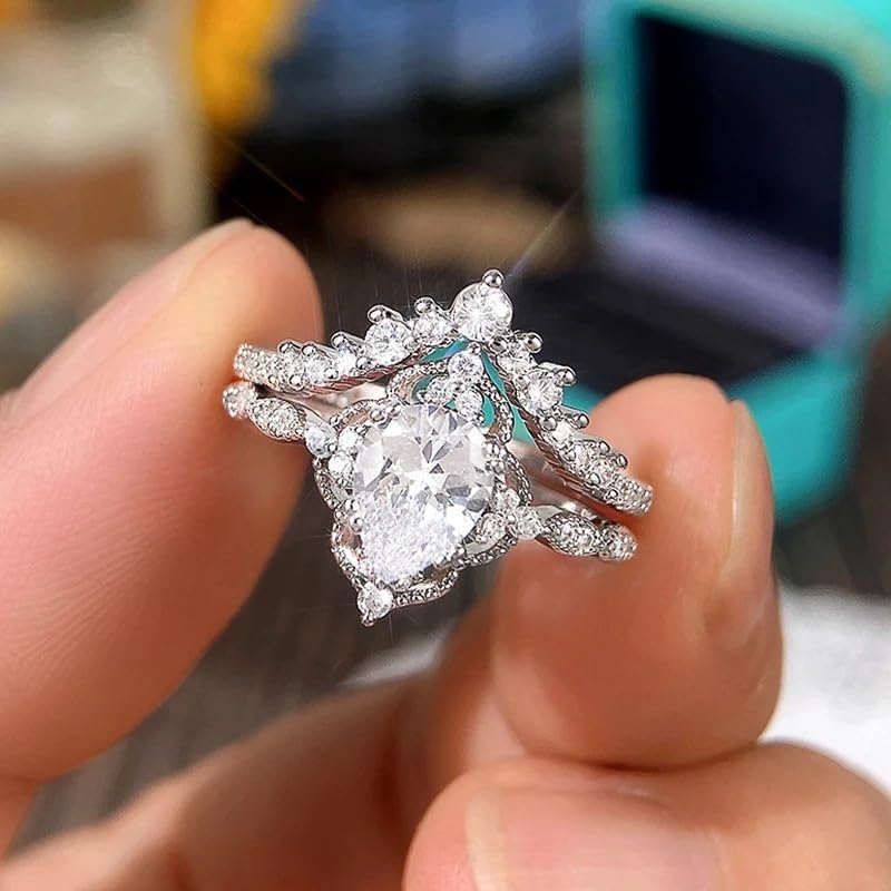 Platinum Plated Teardrop CZ Solitaire Engagement Ring Set Pear-Shaped Bridal Rings Sets for Women Wishbone 'V' Cubic Zirconia Stackable Simulated Diamond Eternity Wedding Promise Band 7#