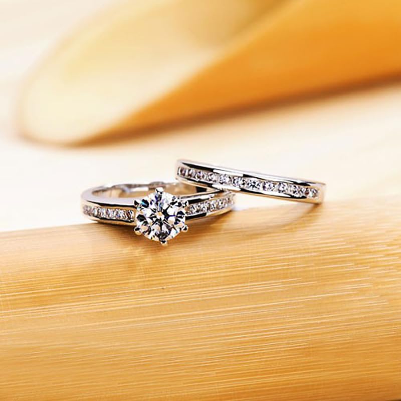 Classic 1.5CT 925 Sterling Silver Engagement Rings for Couples Sets Wedding Eternity Bridal Band Ring Set Simulated Diamond Stackable Halo CZ Cubic Zirconia Anniversary Princess for Women Size 6