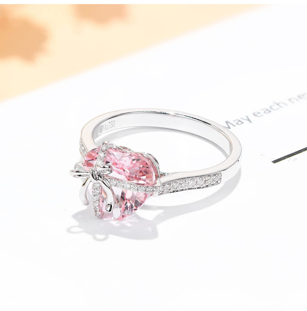 Dainty Cute 925 Silver Pink Heart Shaped Zircon Ring Bow Tie Ring for Women Anniversary Wedding Engagement Promise Rings CZ Diamond Eternity Band Opening Adjustable Ring (Pink)