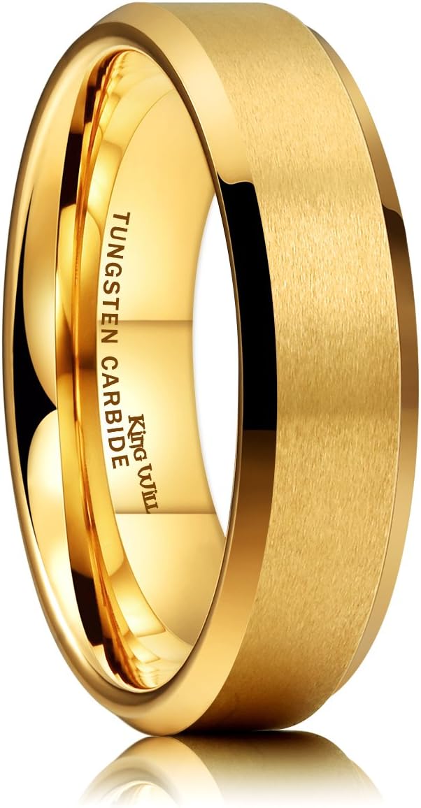 King Will Tungsten Carbide Wedding Band for Men Women-4/6/8mm Width 14K Gold Plated Tungsten Wedding Ring Matte Brushed & High Polished Style Comfort Fit Wedding Band Size 6-14