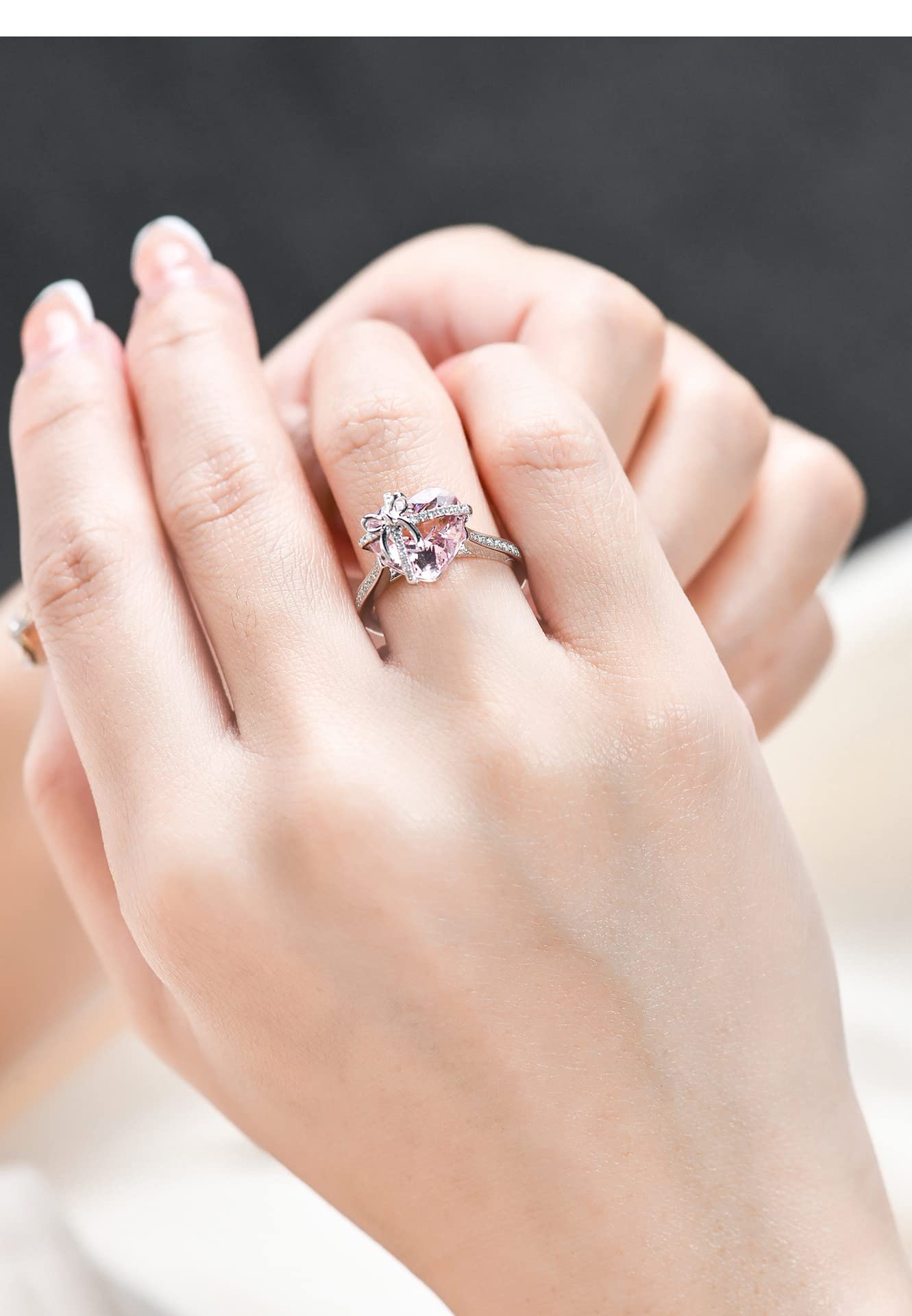 Dainty Cute 925 Silver Pink Heart Shaped Zircon Ring Bow Tie Ring for Women Anniversary Wedding Engagement Promise Rings CZ Diamond Eternity Band Opening Adjustable Ring (Pink)