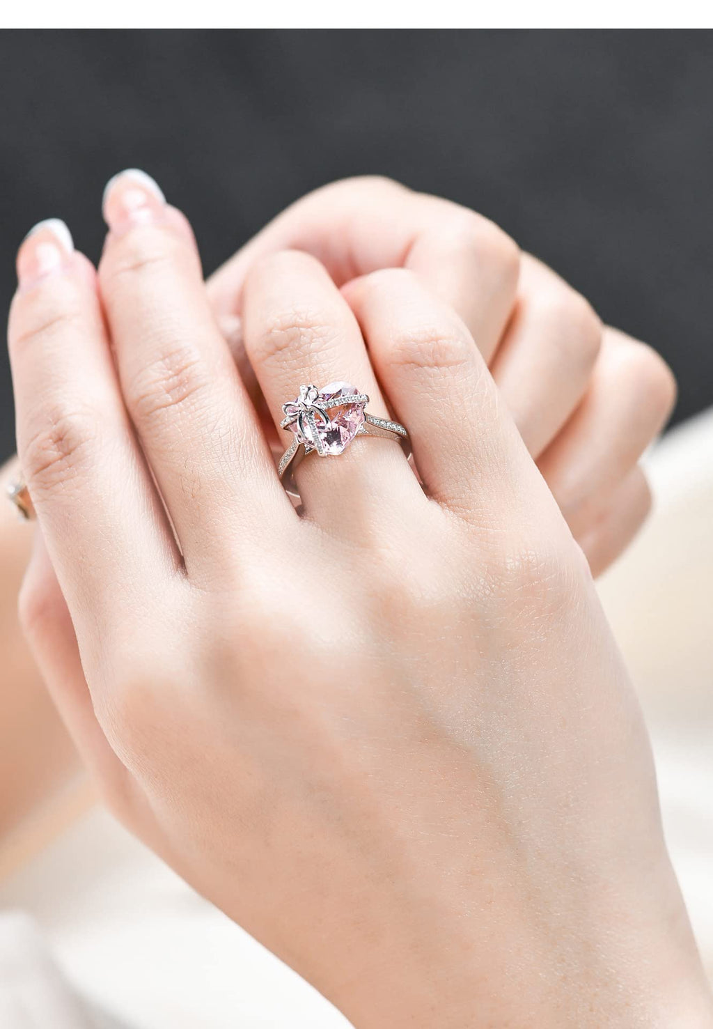 Dainty Cute 925 Silver Pink Heart Shaped Zircon Ring Bow Tie Ring for Women Anniversary Wedding Engagement Promise Rings CZ Diamond Eternity Band Opening Adjustable Ring (Pink)