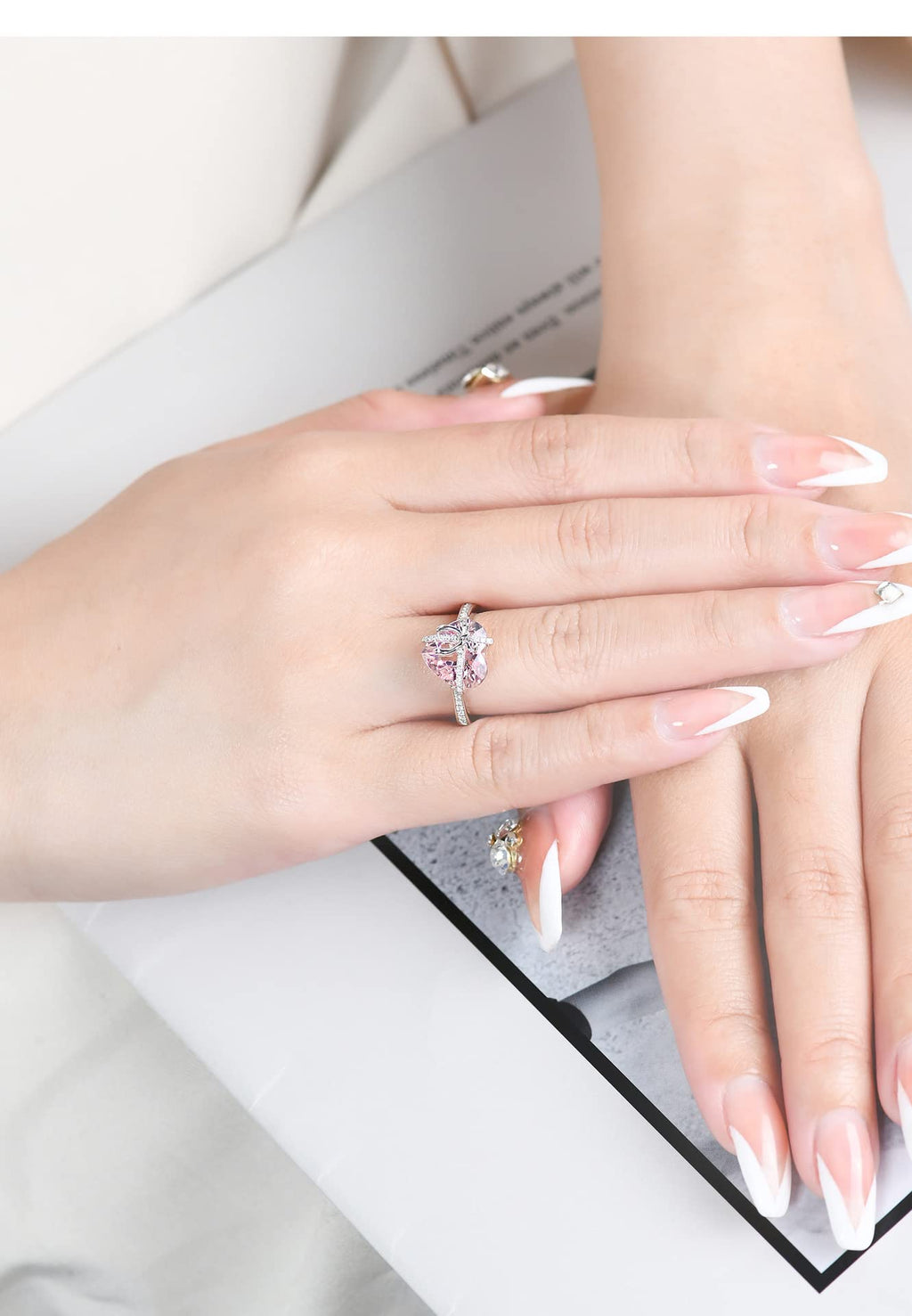 Dainty Cute 925 Silver Pink Heart Shaped Zircon Ring Bow Tie Ring for Women Anniversary Wedding Engagement Promise Rings CZ Diamond Eternity Band Opening Adjustable Ring (Pink)