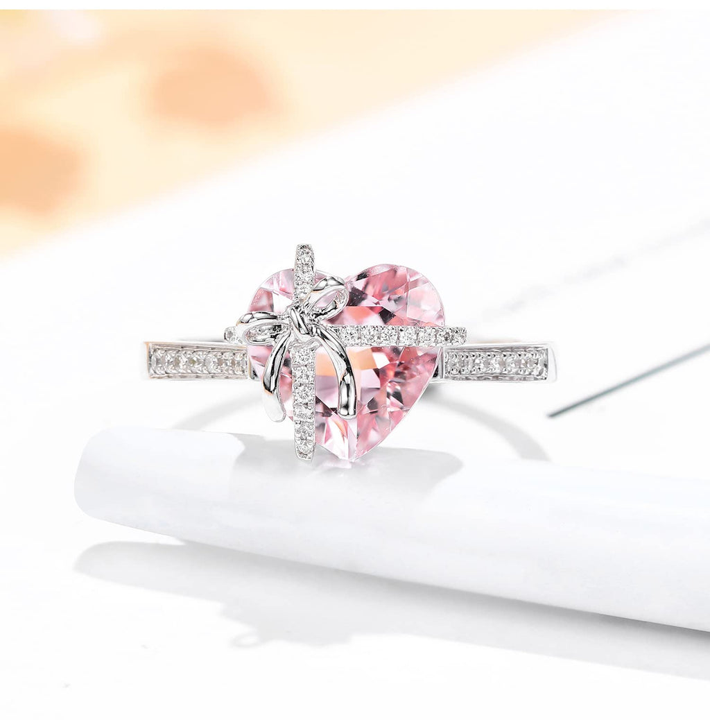 Dainty Cute 925 Silver Pink Heart Shaped Zircon Ring Bow Tie Ring for Women Anniversary Wedding Engagement Promise Rings CZ Diamond Eternity Band Opening Adjustable Ring (Pink)