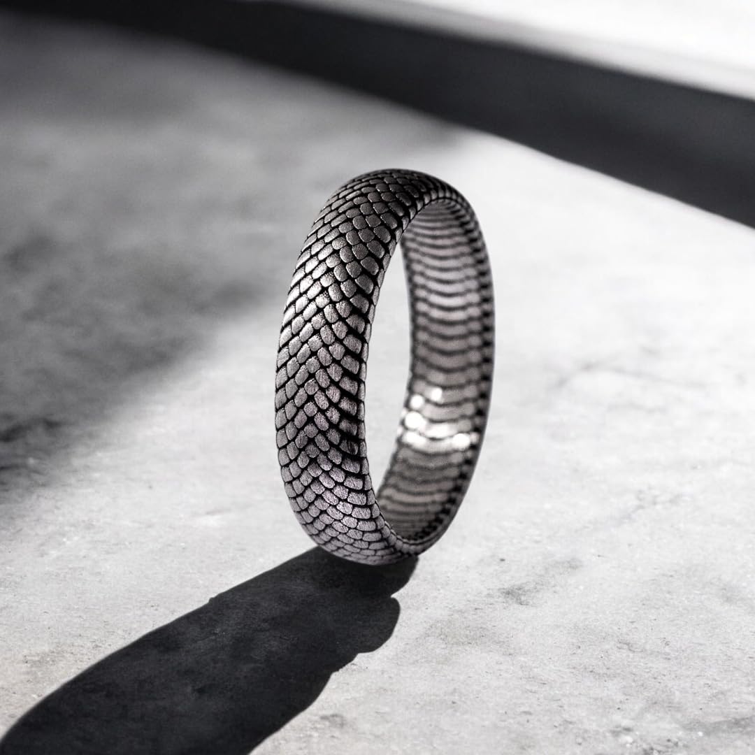 Snake Skin Unusual Mens Wedding Band Ring in Oxidized Silver, Vintage 925 Sterling Silver Rings For Men, Unique Mens Jewelry For Husband, Boyfriend Gifts For Him - Comfort Fit - Gothic