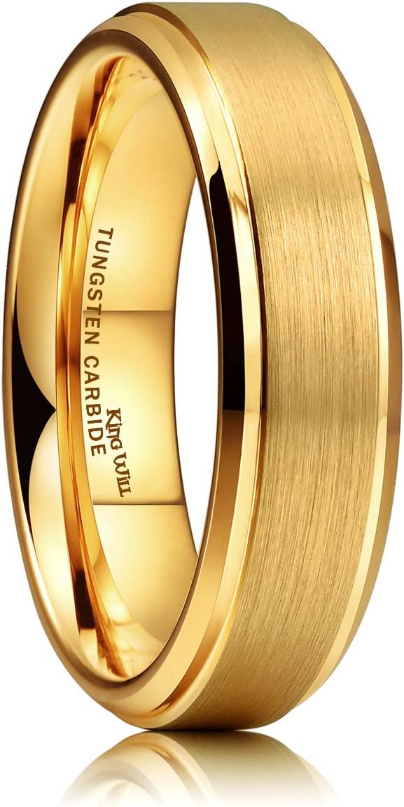 King Will Tungsten Carbide Wedding Band for Men Women-4/6/8mm Width 14K Gold Plated Tungsten Wedding Ring Matte Brushed & High Polished Style Comfort Fit Wedding Band Size 6-14