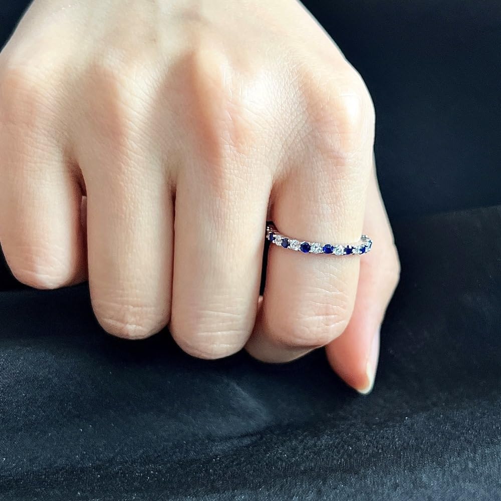 1mm Wedding Band Cubic Zirconia Half Eternity Stackable Engagement Ring Thin Simple Dainty Sapphire 925 Sterling Silver Plated CZ Simulated Diamond Midi Rings for Women Comfort Fit Size 8
