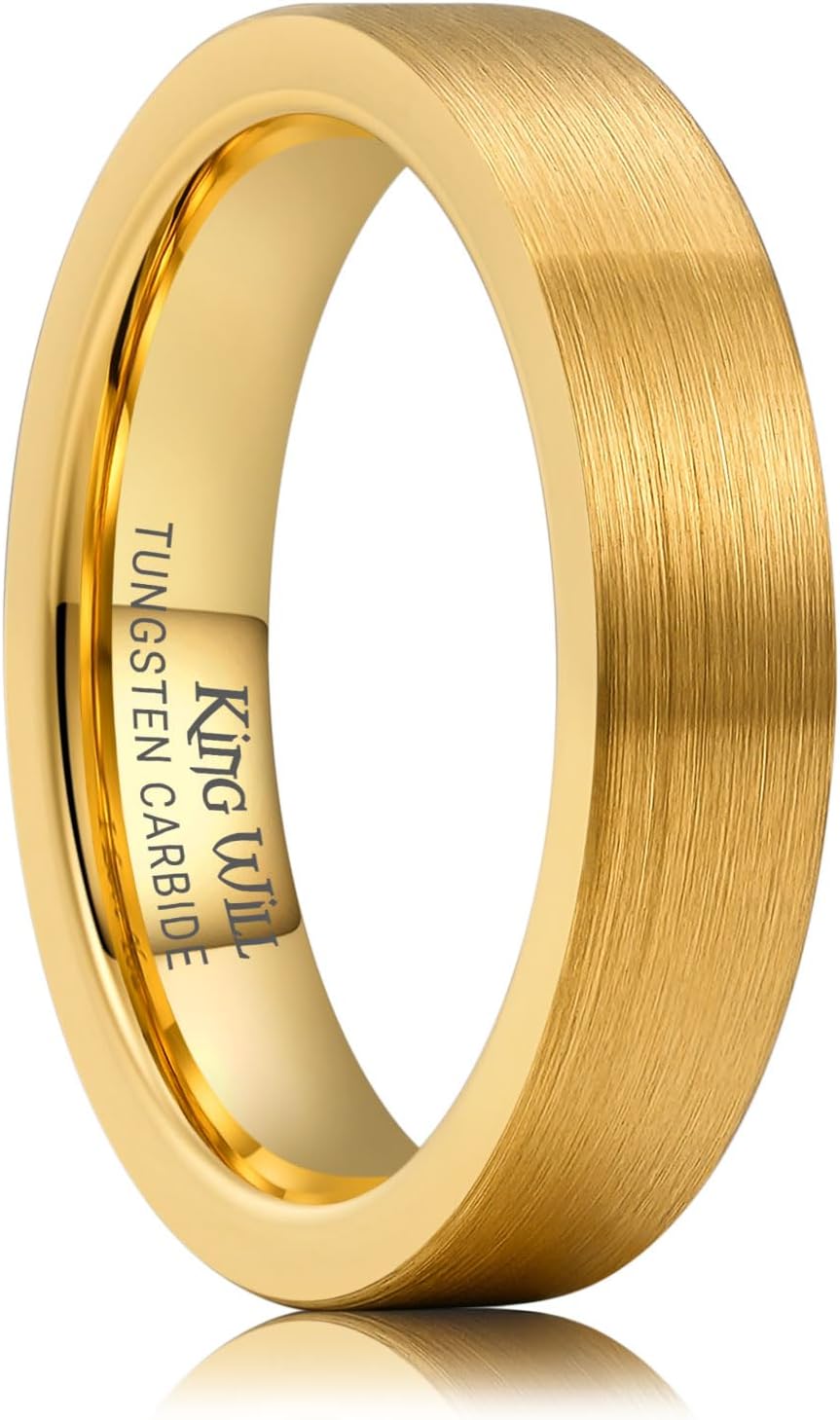 King Will Tungsten Carbide Wedding Band for Men Women-4/6/8mm Width 14K Gold Plated Tungsten Wedding Ring Matte Brushed & High Polished Style Comfort Fit Wedding Band Size 6-14