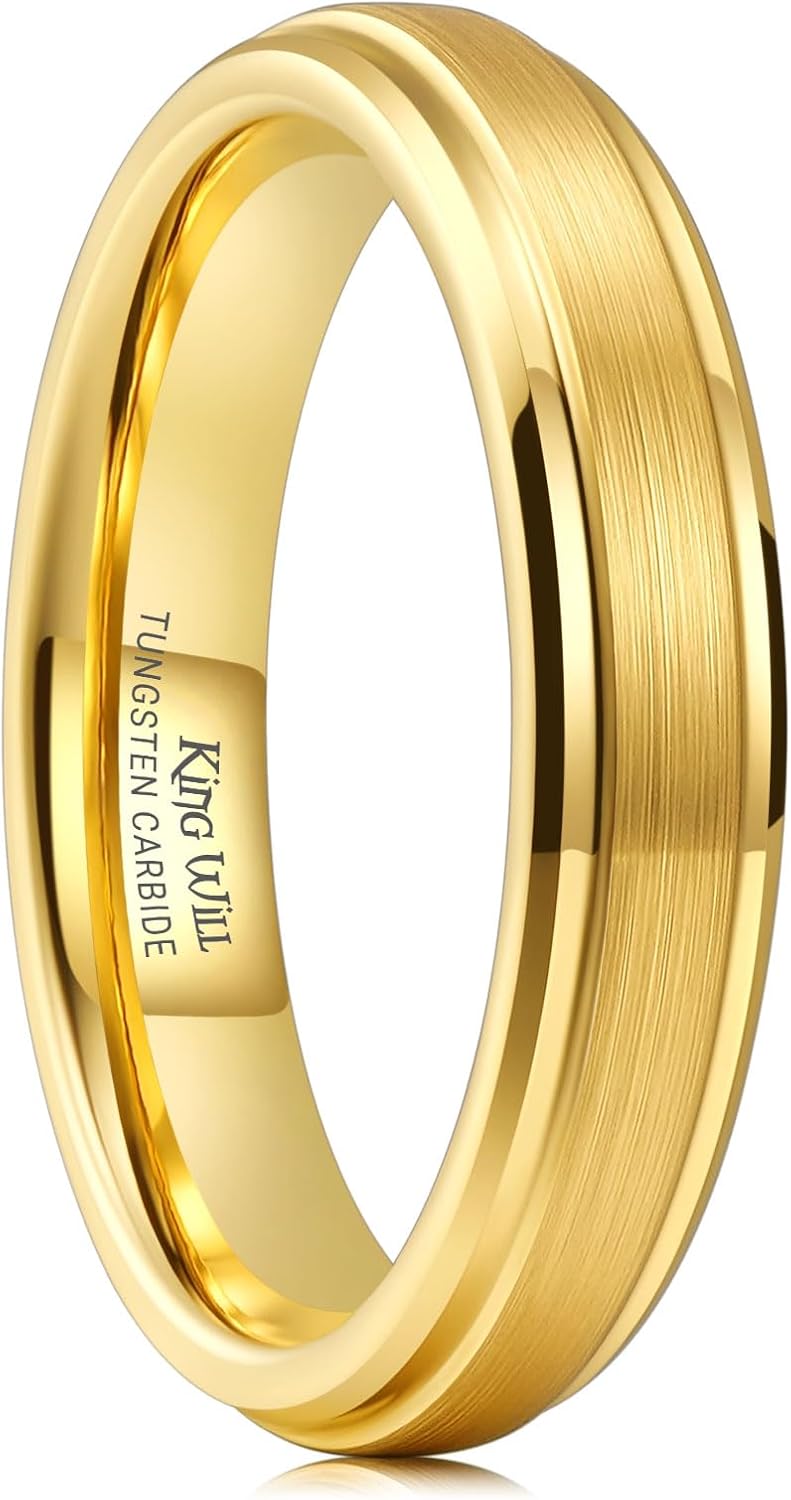 King Will Tungsten Carbide Wedding Band for Men Women-4/6/8mm Width 14K Gold Plated Tungsten Wedding Ring Matte Brushed & High Polished Style Comfort Fit Wedding Band Size 6-14