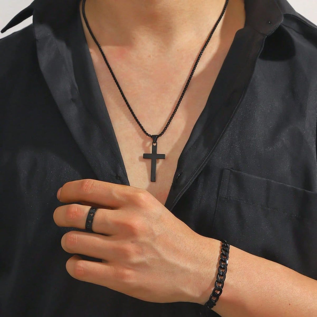 3 Pcs Man's Stainless Steel Cross Necklace Bracelet Ring Set Silver/Black Christian Gift Figaro Chain Necklace Crucifix Cross Pendant Cuban Chain Bracelet Hollow Cross Ring(Black)