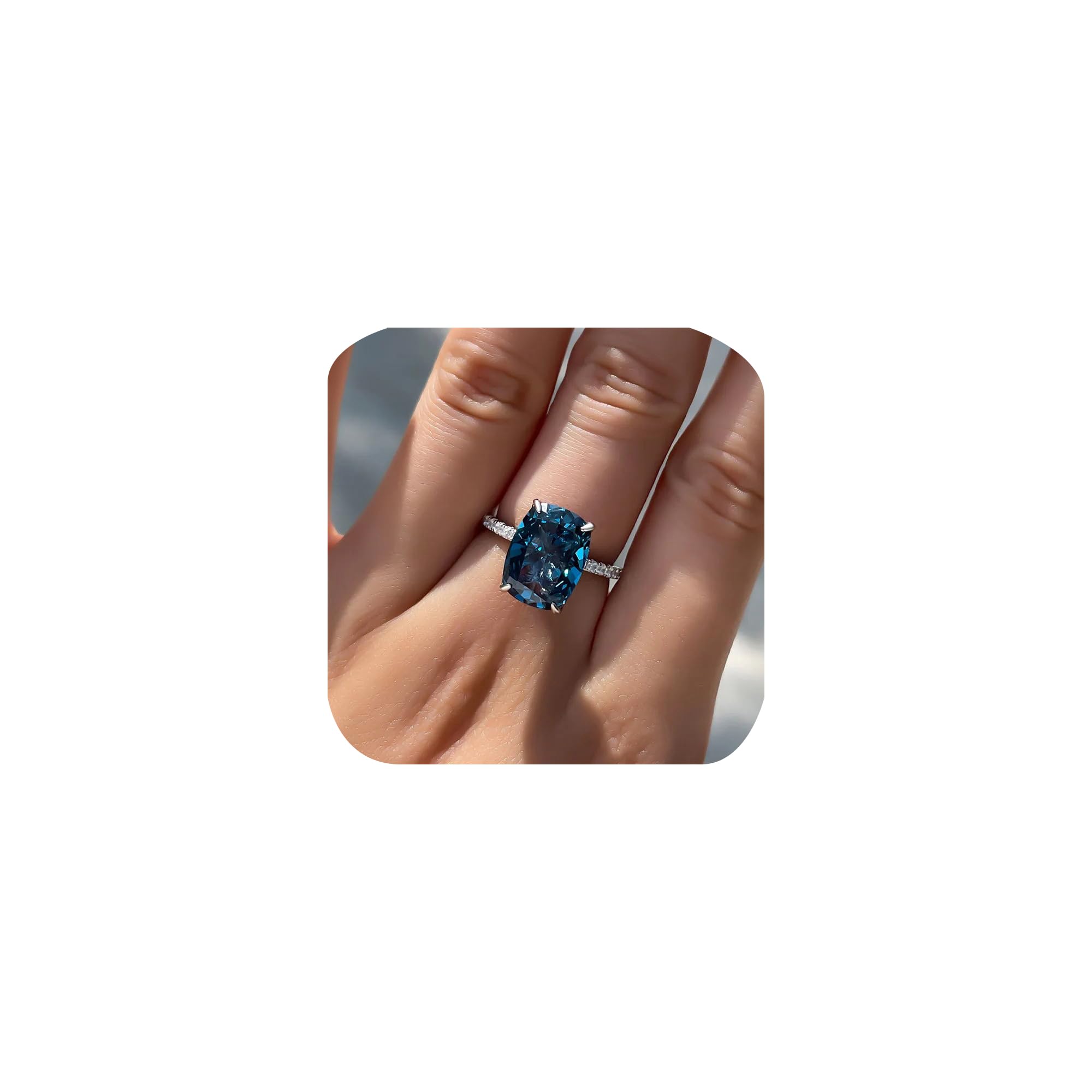 Square-Cut Blue Topaz Halo Cubic Zirconia CZ Engagement Rings Wedding Party Statement Cocktails Classic Sapphire 925 Sterling Silver Solitaire Diamond Anniversary Promise Ring for Women Size 6