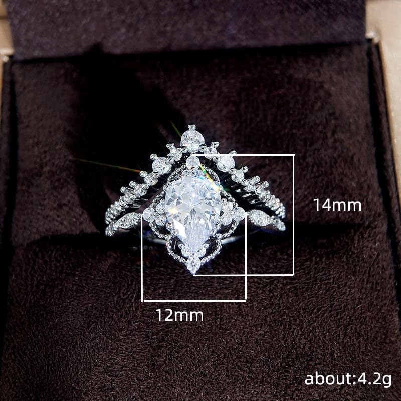 Platinum Plated Teardrop CZ Solitaire Engagement Ring Set Pear-Shaped Bridal Rings Sets for Women Wishbone 'V' Cubic Zirconia Stackable Simulated Diamond Eternity Wedding Promise Band 7#