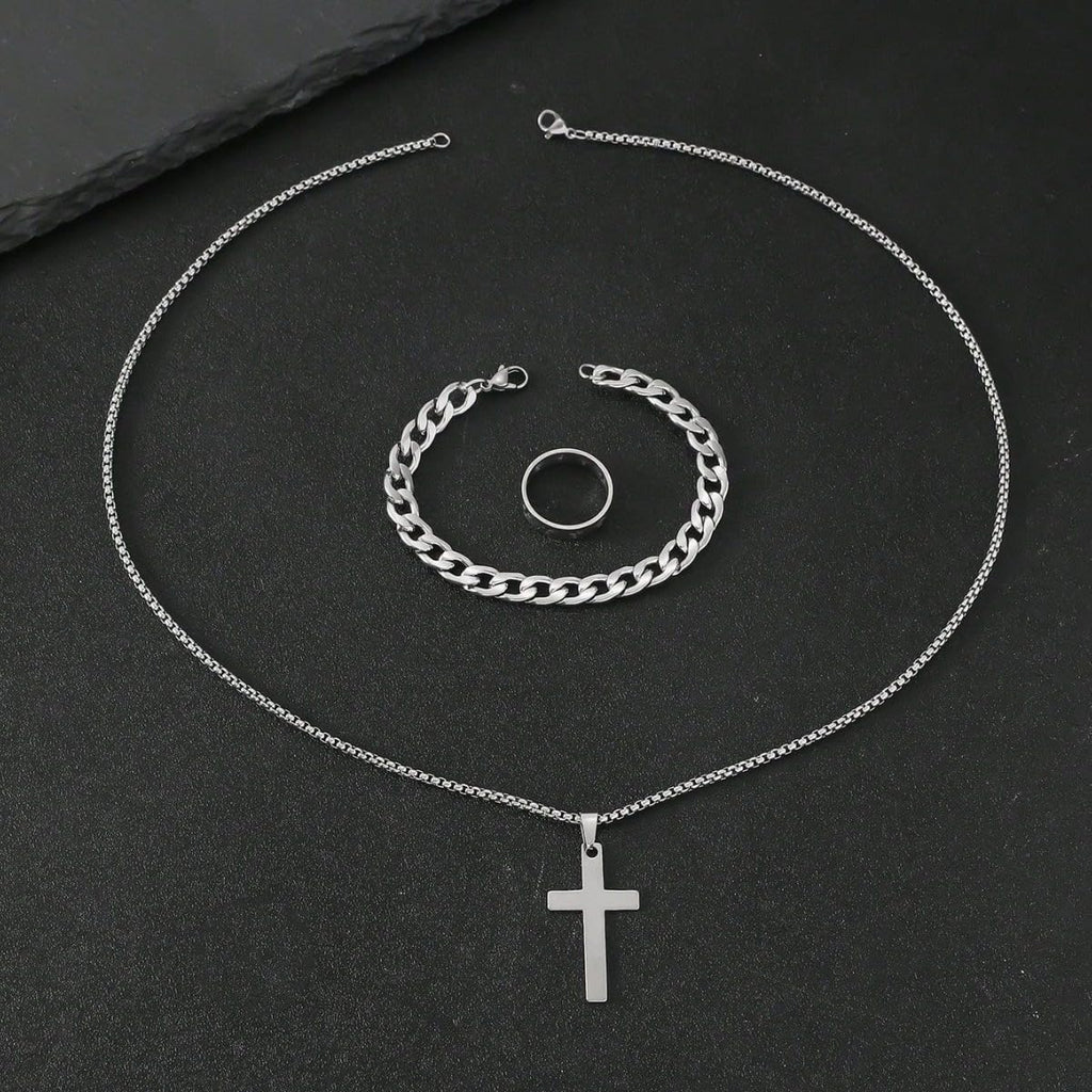 3 Pcs Man's Stainless Steel Cross Necklace Bracelet Ring Set Silver/Black Christian Gift Figaro Chain Necklace Crucifix Cross Pendant Cuban Chain Bracelet Hollow Cross Ring(Black)