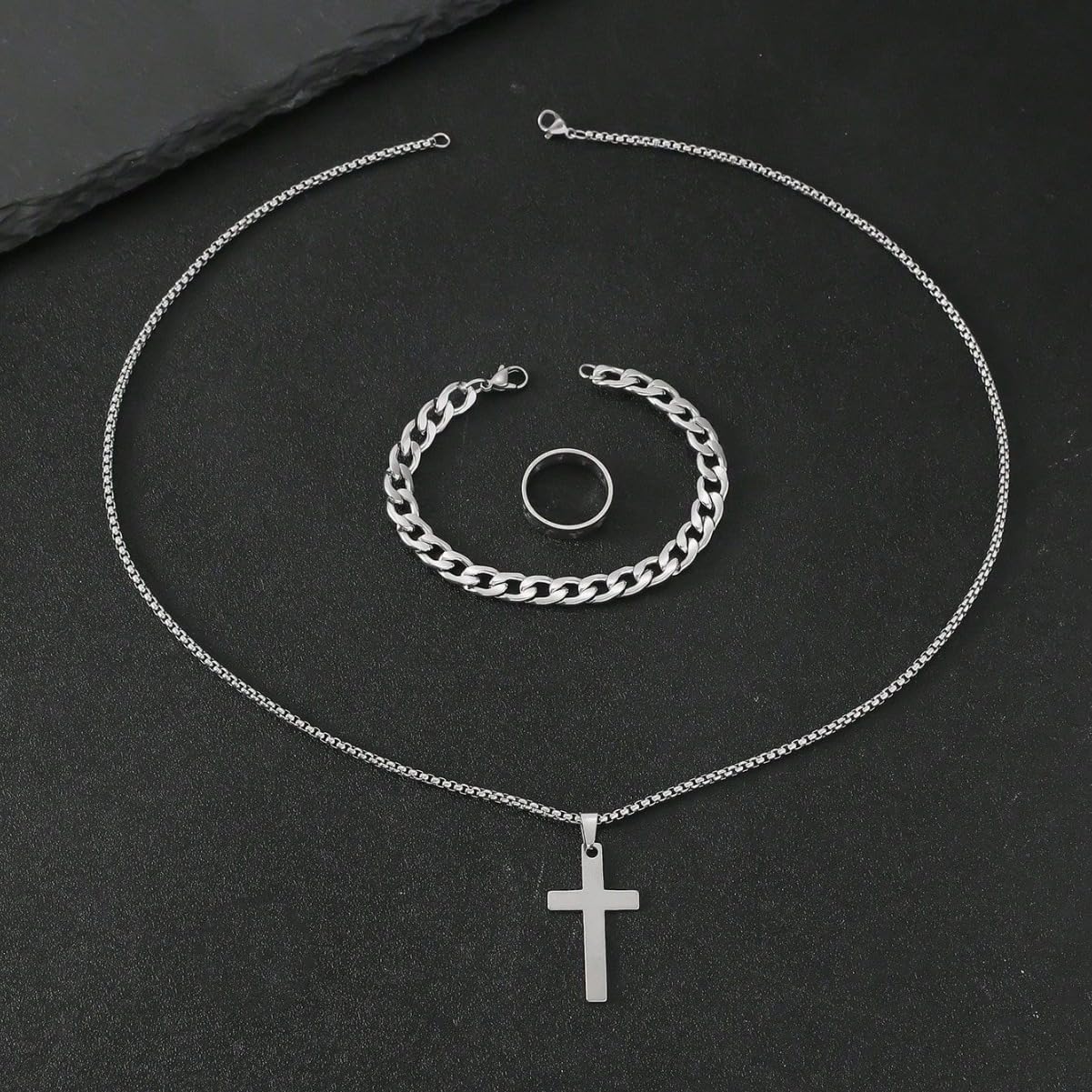 3 Pcs Man's Stainless Steel Cross Necklace Bracelet Ring Set Silver/Black Christian Gift Figaro Chain Necklace Crucifix Cross Pendant Cuban Chain Bracelet Hollow Cross Ring(Black)