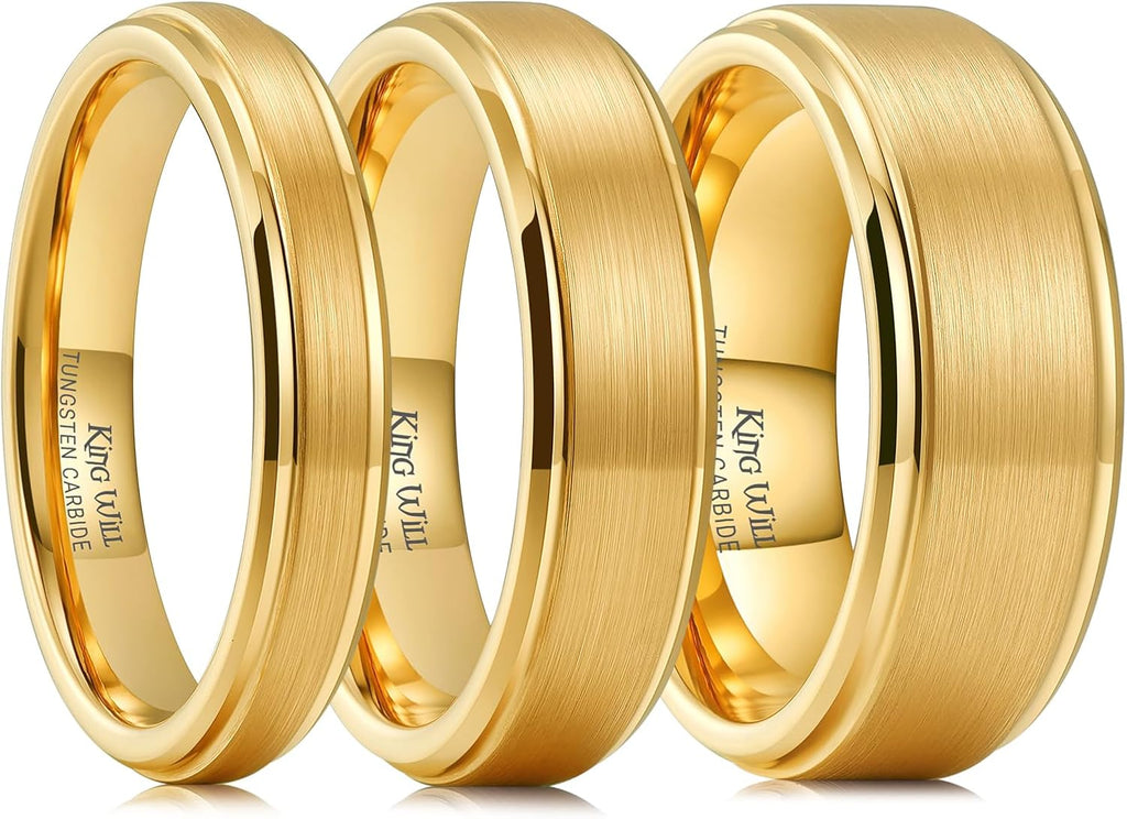 King Will Tungsten Carbide Wedding Band for Men Women-4/6/8mm Width 14K Gold Plated Tungsten Wedding Ring Matte Brushed & High Polished Style Comfort Fit Wedding Band Size 6-14