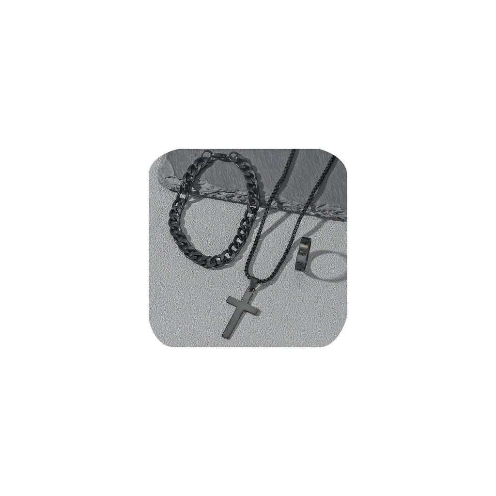 3 Pcs Man's Stainless Steel Cross Necklace Bracelet Ring Set Silver/Black Christian Gift Figaro Chain Necklace Crucifix Cross Pendant Cuban Chain Bracelet Hollow Cross Ring(Black)