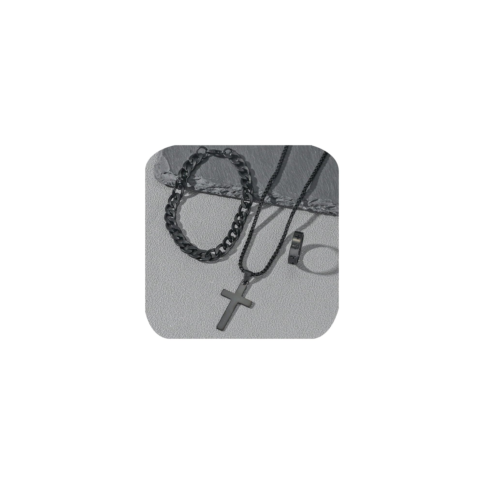 3 Pcs Man's Stainless Steel Cross Necklace Bracelet Ring Set Silver/Black Christian Gift Figaro Chain Necklace Crucifix Cross Pendant Cuban Chain Bracelet Hollow Cross Ring(Black)