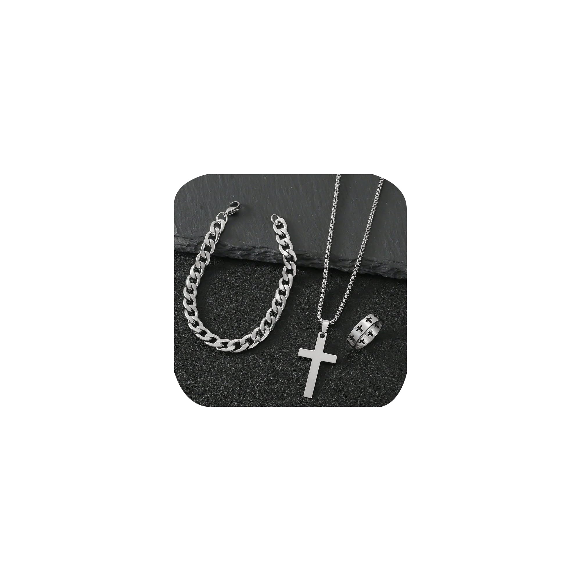 3 Pcs Man's Stainless Steel Cross Necklace Bracelet Ring Set Silver/Black Christian Gift Figaro Chain Necklace Crucifix Cross Pendant Cuban Chain Bracelet Hollow Cross Ring(Black)