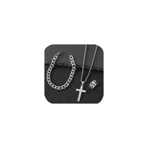 3 Pcs Man's Stainless Steel Cross Necklace Bracelet Ring Set Silver/Black Christian Gift Figaro Chain Necklace Crucifix Cross Pendant Cuban Chain Bracelet Hollow Cross Ring(Black)