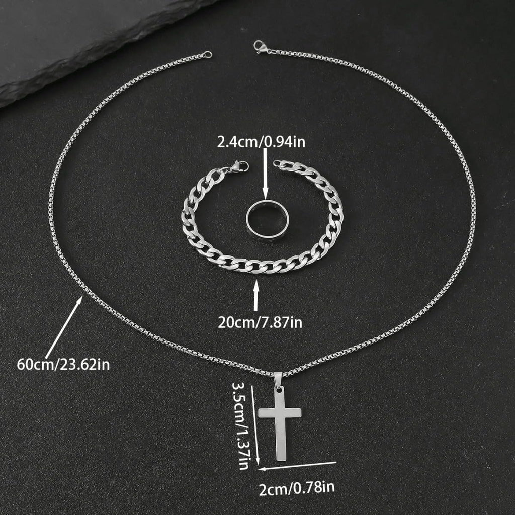 3 Pcs Man's Stainless Steel Cross Necklace Bracelet Ring Set Silver/Black Christian Gift Figaro Chain Necklace Crucifix Cross Pendant Cuban Chain Bracelet Hollow Cross Ring(Black)