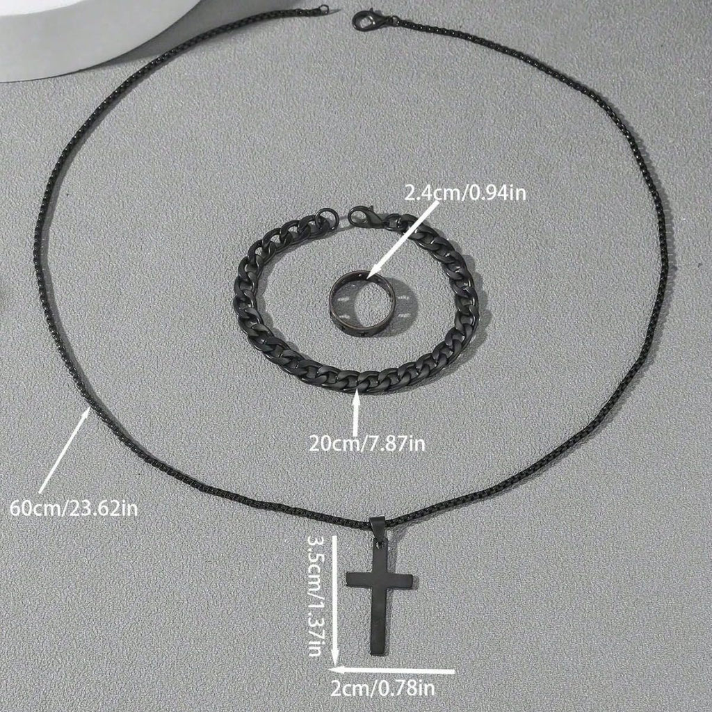 3 Pcs Man's Stainless Steel Cross Necklace Bracelet Ring Set Silver/Black Christian Gift Figaro Chain Necklace Crucifix Cross Pendant Cuban Chain Bracelet Hollow Cross Ring(Black)