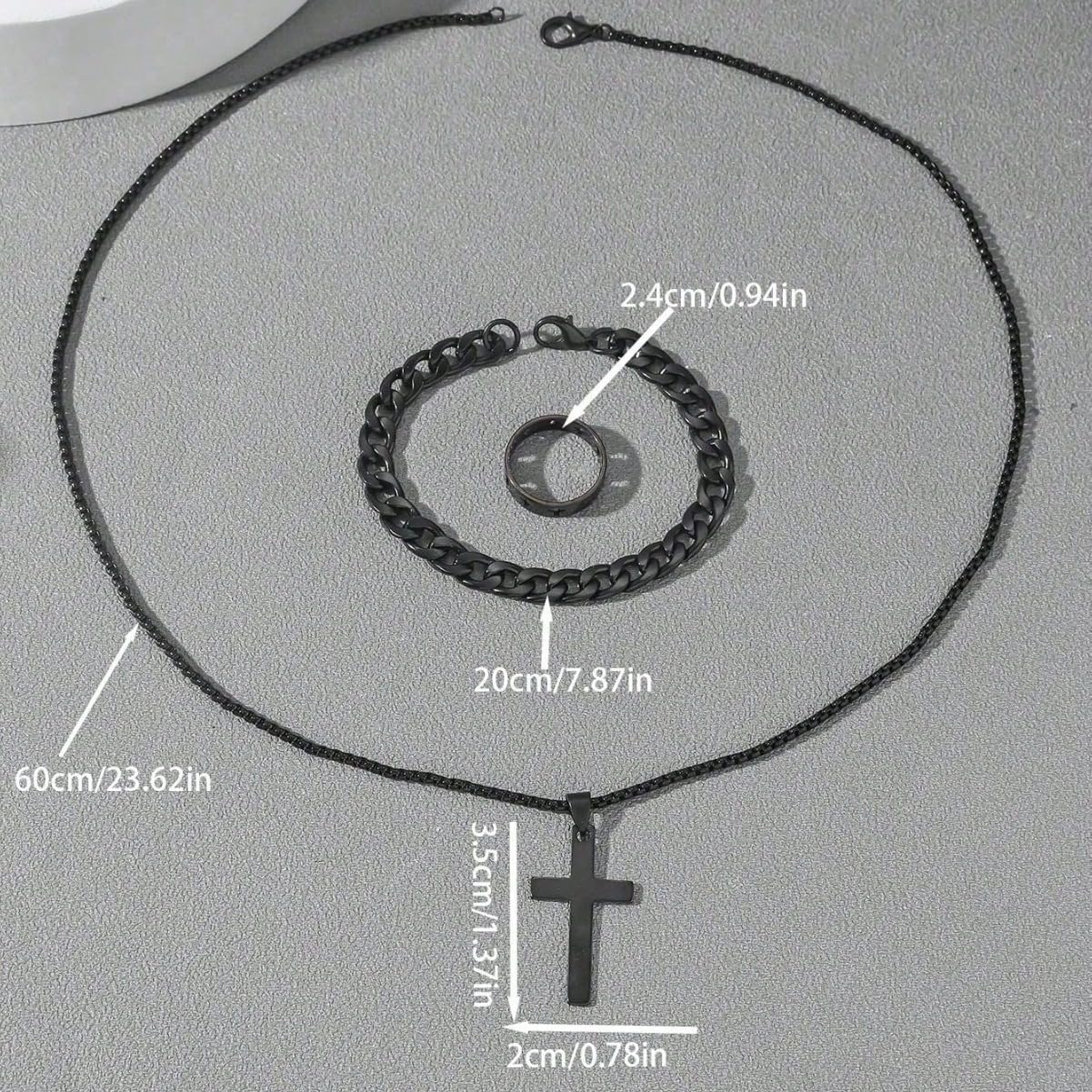 3 Pcs Man's Stainless Steel Cross Necklace Bracelet Ring Set Silver/Black Christian Gift Figaro Chain Necklace Crucifix Cross Pendant Cuban Chain Bracelet Hollow Cross Ring(Black)