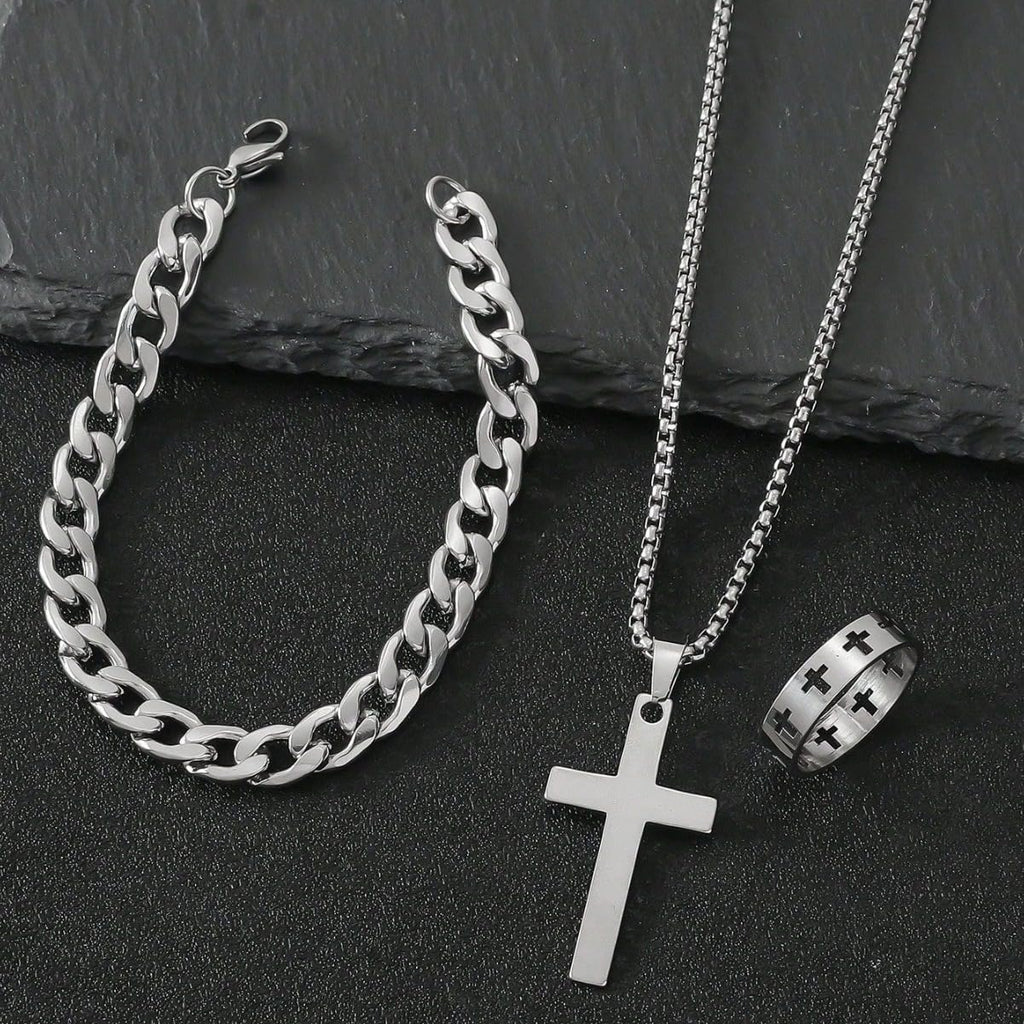 3 Pcs Man's Stainless Steel Cross Necklace Bracelet Ring Set Silver/Black Christian Gift Figaro Chain Necklace Crucifix Cross Pendant Cuban Chain Bracelet Hollow Cross Ring(Black)