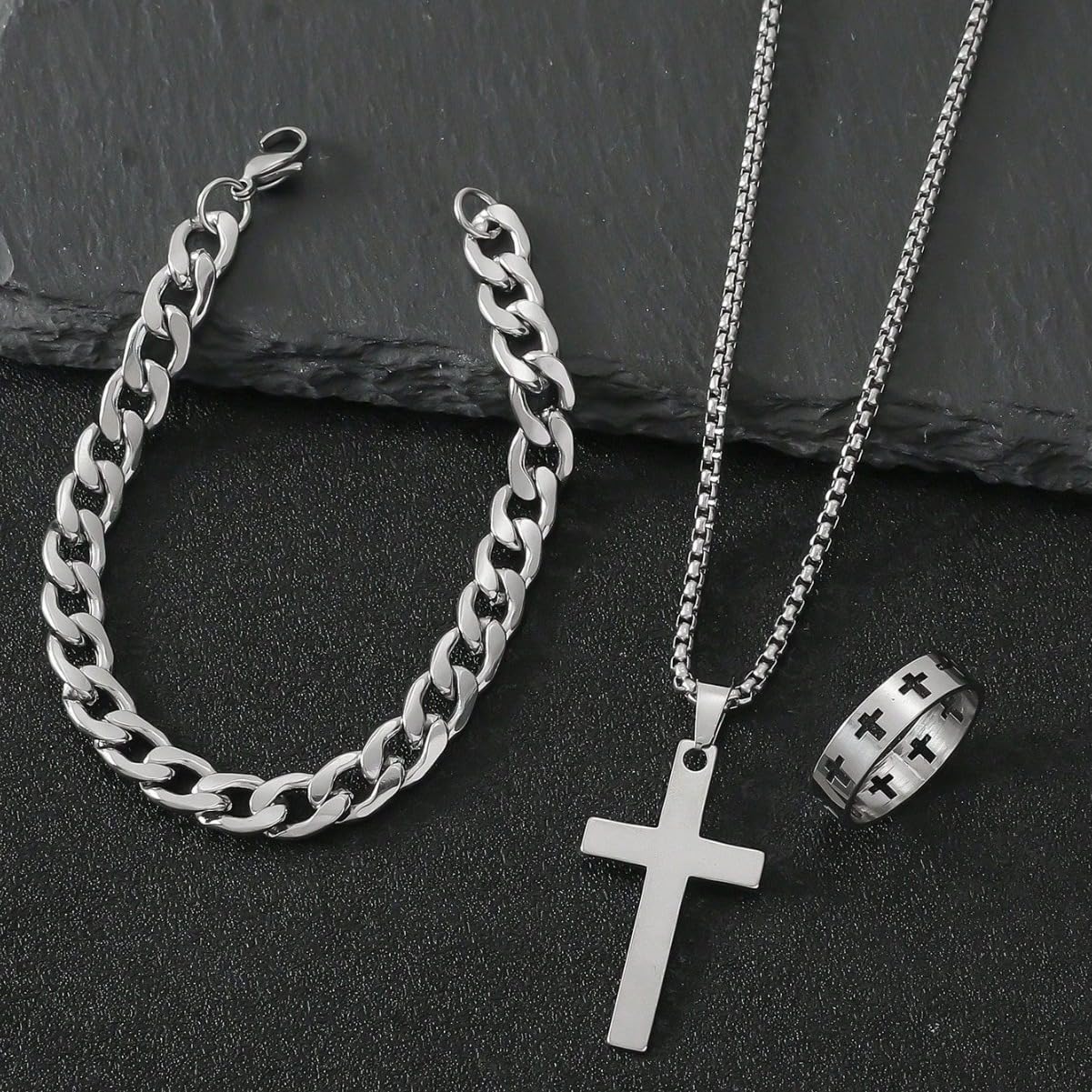3 Pcs Man's Stainless Steel Cross Necklace Bracelet Ring Set Silver/Black Christian Gift Figaro Chain Necklace Crucifix Cross Pendant Cuban Chain Bracelet Hollow Cross Ring(Black)