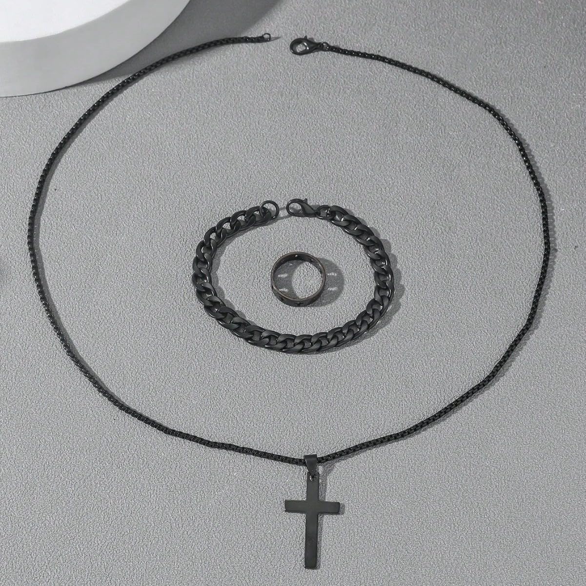3 Pcs Man's Stainless Steel Cross Necklace Bracelet Ring Set Silver/Black Christian Gift Figaro Chain Necklace Crucifix Cross Pendant Cuban Chain Bracelet Hollow Cross Ring(Black)