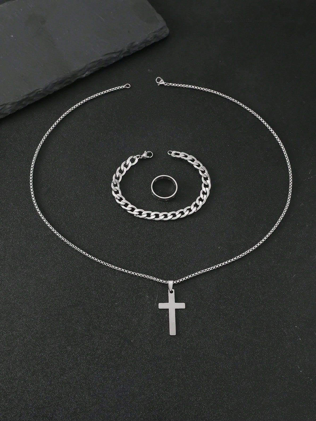3 Pcs Man's Stainless Steel Cross Necklace Bracelet Ring Set Silver/Black Christian Gift Figaro Chain Necklace Crucifix Cross Pendant Cuban Chain Bracelet Hollow Cross Ring(Black)