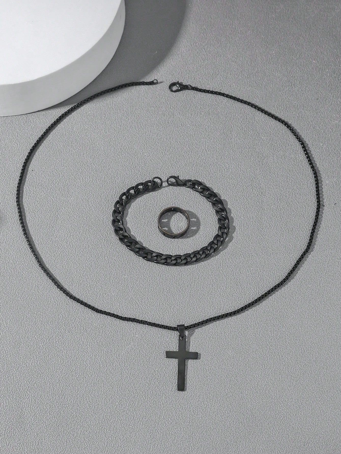 3 Pcs Man's Stainless Steel Cross Necklace Bracelet Ring Set Silver/Black Christian Gift Figaro Chain Necklace Crucifix Cross Pendant Cuban Chain Bracelet Hollow Cross Ring(Black)